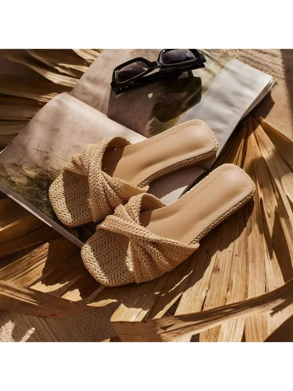Women's Natural Summer Raffia Open Toe Woven Braided Twist Comfort Flat Sandals